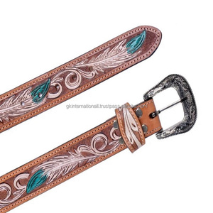 Cuir de qualité Design personnalisé sculpté à la main en relief Ceinture d'outillage en cuir occidental pour hommes avec boucle florale antique classique - Product Image 6