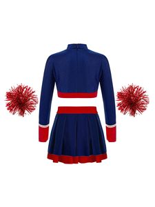 Ensemble d'uniformes de cheerleading pour filles, haut court à manches longues, jupe plissée, tenue de danse avec nœud, pompon et chaussettes hautes jusqu'aux genoux - Product Image 6