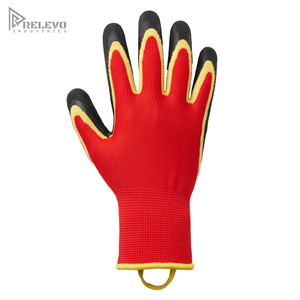 Custom Industrial Work Safety <b>Gloves</b> Tri Color Red Yellow Seamless <b>Knit</b> Shell Black Crinkle Latex Coated Palm Grip Construction - Product Image 1