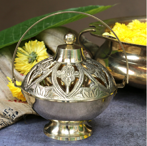 Antique style brass dhoop incense <b>burner</b> holder with long curved <b>side</b> handle, available at wholesale prices. - Product Image 6