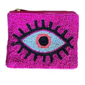 Monedero artesanal de cuentas rosa intenso con diseño de ojos malvados, bolsa con cremallera, cartera de cuentas, bolsa para dinero, pequeño porta billetes, tarjeteros, diseño de pestañas - Product Image 1