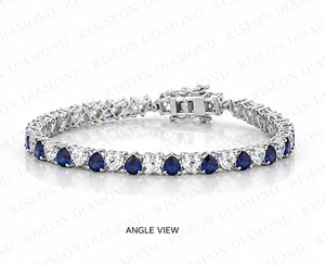 Elegante pulsera de tenis en oro blanco de 18 quilates con piedras de corte pera azul real alternadas y diamantes blancos brillantes, diseño de lujo. - Product Image 5