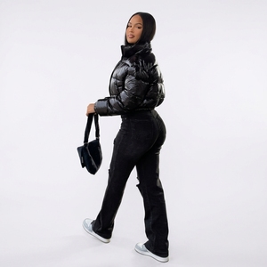 <b>Black</b> Quilted Puffer Jacket With Stand Collar Full Sleeve Zipper Closure <b>Winter</b> <b>Coat</b> For <b>Women</b> Solid Color Polyester Wadding - Product Image 3