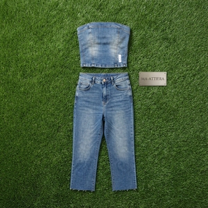 <b>Women</b> Blue Denim Tube Top And <b>Cropped</b> <b>Jeans</b> Set Strapless Two Piece Casual Summer Matching Outfit Streetwear Fashion - Product Image 5