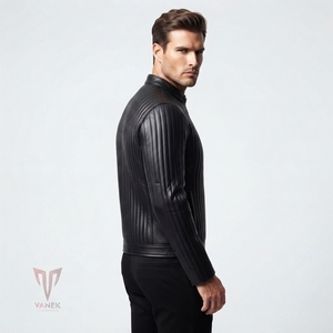 Chaqueta de Cuero Negra para Hombre VANEK, Estilo Motero, Cuello Alto, Cierre de Cremallera, Corte Ajustado, Resistente al Viento para Invierno - Product Image 4