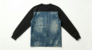Men's Denim Washed <b>Patchwork</b> with Pattern Long Sleeve T-<b>Shirt</b> Crew Neck Ripped Streetwear Casual Tee - Product Image 2