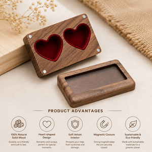 Custom Walnut Wood Double Heart <b>Ring</b> <b>Box</b> with Clear Window and White Velvet Lining for Wedding Jewelry Packaging - Product Image 1