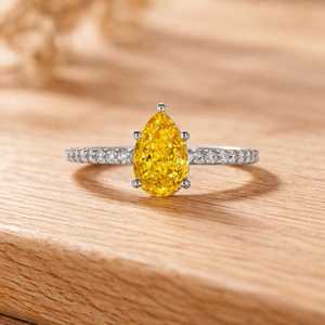 Bague de fiançailles en or massif 10K 14K 18K ou platine avec diamant de laboratoire taille poire jaune et taille ronde, pavé, couleur E, bijoux de mariée - Product Image 4