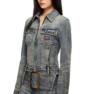 Chaqueta Vaquera Ajustada para Mujer Leathertex Azul Vintage - Estilo Elegante con Detalle de Cinturón, Lavado Desgastado, Secado Rápido, 100% Algodón - Product Image 3