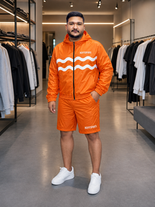 REXFIT SPORTS 2026 Ensemble veste à capuche et short unisexe en nylon orange personnalisé, coupe-vent léger, vêtements de sport, marque privée - Product Image 2