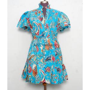 Robe Courte Bohème en Coton Pur Doux pour Femme, Col en V, Manches Courtes, Imprimé Palmiers Estampé à la Main, Style Minimaliste Décontracté pour le Bureau - Product Image 2