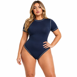 Wholesale Plus Size Navy Blue Short Sleeve Bodysuit Contrast Stitching Women One Piece Round Neck Casual Bodysuit for Women - Product Image 2