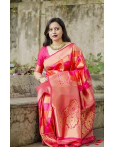 KV <b>Red</b> Zari Art Silk Border <b>Saree</b> With Unstitched Blouse - Product Image 3
