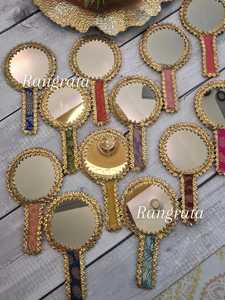 Decorative Brocade hand held <b>mirror</b> for giveaways for wedding haldi mehndi baby shower Favors henna nights dholki nights - Product Image 2