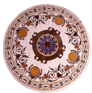 Table en marbre carrée avec incrustations de os, présentant un octogone bleu central entouré de carreaux géométriques verts, orange et beige. - Product Image 6
