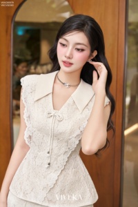 Women's Floral Lace <b>Sequin</b> Blouse Cap Sleeve Bow Tie Skinny Fit Woven Casual Spring Summer <b>Party</b> Wear Feminine <b>Top</b> MORNA - Product Image 3