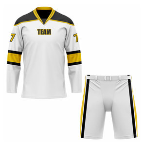 Uniforme de hockey sur glace pour homme, blanc, jaune, noir, maillot sublimé, short, tissu respirant, manches longues, col en V, taille adulte - Product Image 1