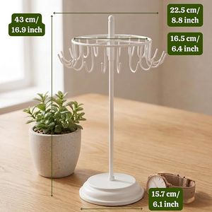 <b>Rotatable</b> Jewelry <b>Display</b> <b>Stand</b> With 20 Hooks For Necklaces Earrings Modern Round White Organizer Desk Accessory - Product Image 2