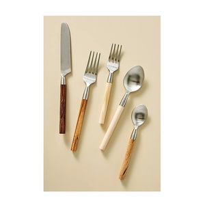 Rustic Wood Handle Silverware Set, 5-Piece Stainless Steel Tableware, Minimalist Eco-Style <b>Flatware</b> for Kitchen and Home Dining - Product Image 4