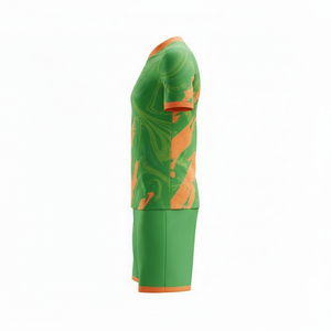 Ensemble d'uniformes de football personnalisés pour hommes, vert et orange, impression par sublimation, maillot et short respirants en polyester, vêtements d'équipe, fabricant OEM - Product Image 3