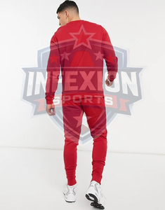 Survêtement pour homme, couleur rouge unie, col rond, manches longues, jogging décontracté avec poches latérales, taille élastique, polyester mi-lourd - Product Image 3