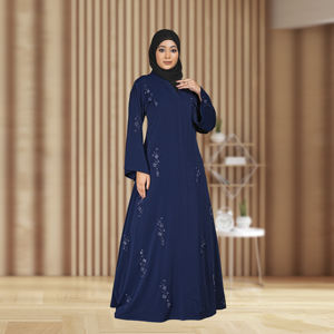 Abaya Islámica Modesta de Tela Nida con Delicado Adorno Floral de Cristal, Silueta Evase, Vestido de Oración Largo para Mujer - Product Image 1