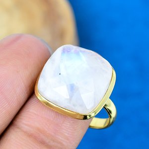 Handmade Natural Rainbow <b>Moonstone</b> Square Shape Gemstone 18k Gold Micron Over 925 Sterling Silver <b>Rings</b> - Product Image 3