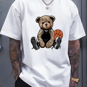 Men's Loose-Fitting 100% Cotton <b>Hip</b> Hop T-Shirt High Quality Embroidered Casual Basketball Cool Bear Screen Printed Design - Product Image 5