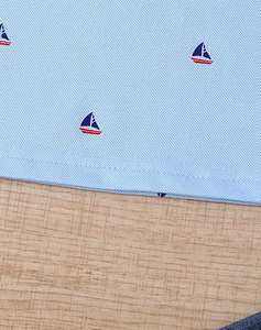 Light Blue Printed Short Sleeve Polo Shirt with Navy Trim for Kids Casual Eco-Friendly Breathable School Uniform Look - Product Image 6
