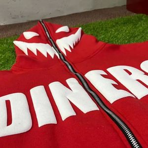 Red Puff Print Zip Up Hoodie <b>Men</b> Heavyweight 100% Cotton Custom Logo <b>Pullover</b> Sweatshirt Winter Streetwear - Product Image 2