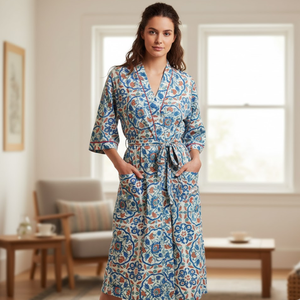 Bata de algodón con estampado artesanal, estilo kimono, larga, azul floral, para descansar, con lazo en la cintura y bolsillos, ligera - Product Image 2