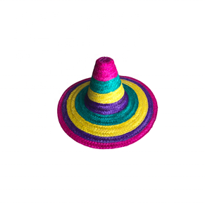 Chapeau de cowboy mexicain unisexe, tissé à la main en jonc de mer avec broderie artisanale, ajustement réglable, rayures colorées et pompons - Product Image 1