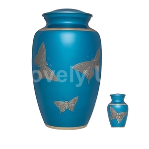 Papillons gravés Bleu Funéraire Urnes de crémation pour adultes en aluminium pour cendres humaines-Sac en velours sans - Product Image 1