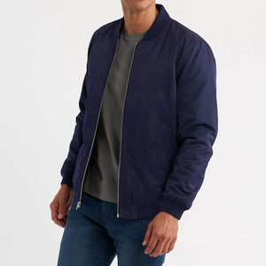 Men's Navy Blue Bomber Jacket Solid Color Stand Collar Zipper Closure Casual Autumn Wear Regular Fit Polyester Material - Product Image 5