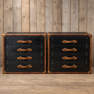 Vintage Black Leather Trunk <b>Drawer</b> Cabinet Antique <b>Storage</b> Chest Brass Hardware Wooden Sideboard Furniture Home Decor - Product Image 2
