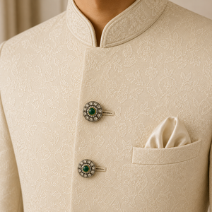 Botones de Lujo Personalizados de Latón con Cristales de Esmeralda Verde y Piedras Kundan Polki Antiguas para Trajes Sherwani y Jodhpuri de Hombre - Product Image 2