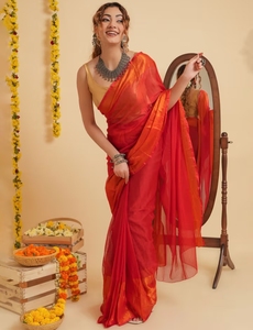 KV <b>Red</b> Chiffon Ready To Drape Bollywood Style <b>Saree</b> With Unstitched Blouse - Product Image 2