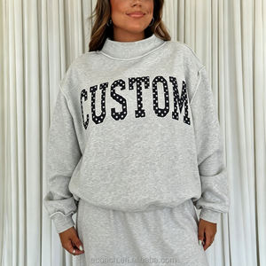 Sudadera de cuello alto extragrande para mujer, gris, con estampado de letras personalizado, manga larga, de algodón tejido, para otoño, cuello simulado - Product Image 2