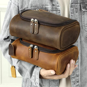 Bolsa de Maquillaje de Viaje de Cuero Crazy Horse, Estilo Vintage, Duradera, Portátil, de Cuero Genuino para Hombres y Mujeres, Venta al Por Mayor - Product Image 6