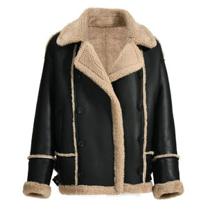 Blouson aviateur en cuir véritable pour homme, doublure en fausse fourrure, coupe-vent, style moto, col rabattable, coupe classique - Product Image 3