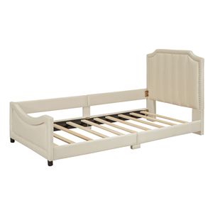 Divano letto classico a righe beige imbottito, letto singolo per bambini con elegante testiera - Product Image 5