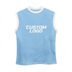 เสื้อกล้ามถักนิตติ้งสีฟ้าอ่อนสำหรับผู้ชาย ผ้าโพลีเอสเตอร์ พิมพ์โลโก้ด้านหน้า ระบายอากาศได้ดี คอกลม สวมใส่สบาย - Product Image 1