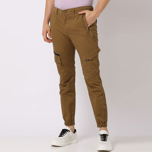 Men's Khaki Cargo Pants Solid Color Casual Jogger Style With Multiple Pockets Elastic Waist Spring Wear - Product Image 1