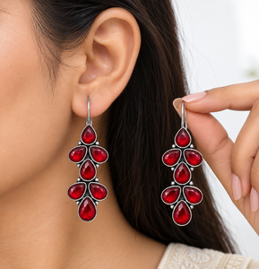 Boucles d'oreilles pendantes longues en argent oxydé avec pierre rouge, style mode, pour femmes, bijoux en gros - Product Image 2