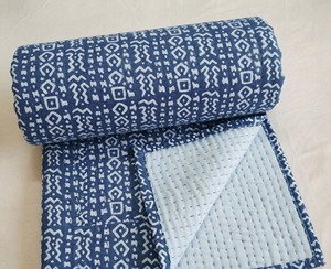 Handmade Organic Cotton Kantha Quilt Indian Adult Blanket with Geometrical Block Print Home & Hotel Use - Product Image 5