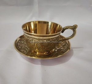 Brass Tea <b>Cup</b> and <b>Saucer</b> with Intricate Floral Engravings and Warm Glossy Finish for Festive and Formal Dining - Product Image 5