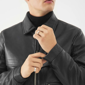 Men's Genuine Leather Moto <b>Jacket</b> Turn-down Collar Zipper Closure Regular Fit Autumn Wear Solid Color Fashion Coat - Product Image 6