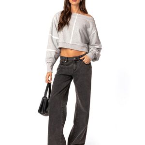 Sweat-shirts courts à manches longues en molleton 100% coton pour femmes, couleur unie, broderie personnalisée - Product Image 5