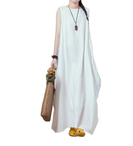 100% lin sans manches longue col montant couleur unie boho lin robe longue pour femmes - Product Image 1