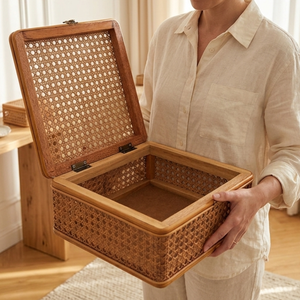 Boîte de rangement en rotin tressé faite à la main avec couvercle, organiseur en cannage pour bijoux, souvenirs et décoration intérieure - Product Image 2